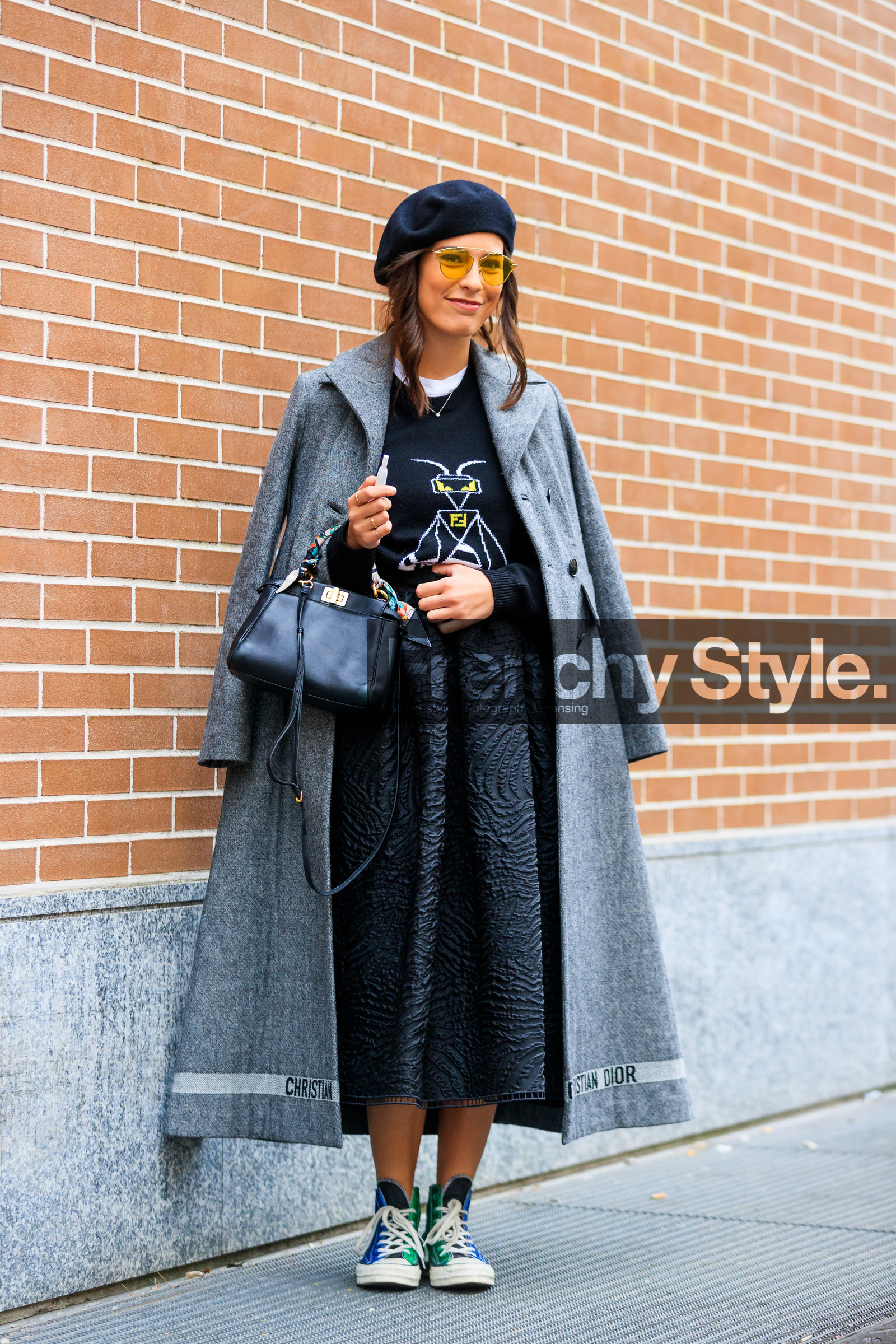beret, black bag, black skirt, black sweater, blue sneakers, christian dior, converse, fendi, glitter, graphic jacket, green sneakers, grey coat, leather bag, leather shoes, printed jacket, printed sweater, shiny shoes, sunglasses, fashion week, frenchystyle, FW, jonathan paciullo, street style, MFW, MILAN, AUTUMN WINTER 2018-2019, FALL WINTER 2018-2019, FW 18-19, vertical, full length