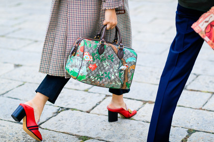 atmosphere details, beige coat, checked coat, detail, fashion week, floral, flower, frenchystyle, FW, gucci, high heels, horizontal, jonathan paciullo, leather bag, leather shoes, MFW, MILAN, monogram, mules, plaid, printed bag, red shoes, SPRING SUMMER 2017, SS 17, street style, tartan, trousers