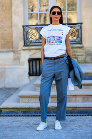 black bag, black belt, blazer, brown belt, grey pants, julie pelipas, leather bag, leather belt, leather shoes, printed t shirt, sunglasses, trousers, white shoes, white t shirt, PARIS, PFW, street style, jonathan paciullo, FW, frenchystyle, fashion week, AUTUMN WINTER 2019-2020, AW 19-20, FALL WINTER 2019-2020, FW 19-20, vertical, full length