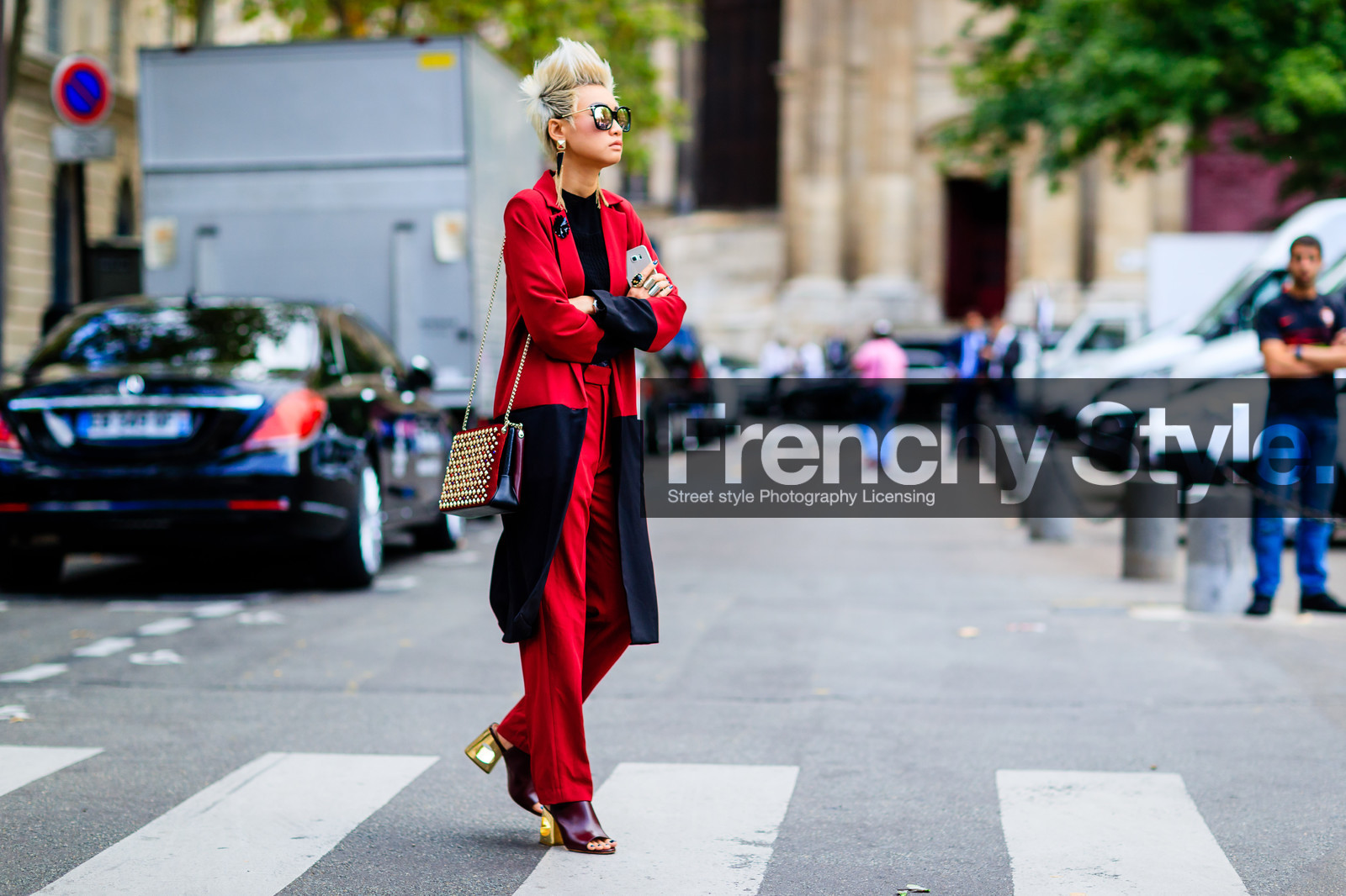 atmosphere details, black shirt, black sweater, dyed hair, earrings, fashion week, frenchystyle, full length, FW, high heels, horizontal, jonathan paciullo, leather bag, leather shoes, PARIS, PFW, red bag, red boots, red coat, red pants, rings, SPRING SUMMER 2017, SS 17, street style, studded bag, sunglasses, trousers