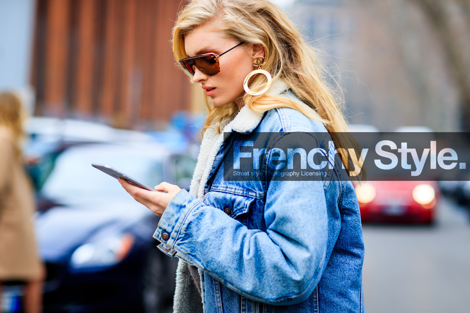 atmosphere details, AUTUMN WINTER 2017-2018, AW 17-18, blue denim, chanel, denim jacket, detail, earrings, elsa hosk, FALL WINTER 2017-2018, fashion week, frenchystyle, FW, FW 17-18, horizontal, jonathan paciullo, MFW, MILAN, model, street style, sunglasses