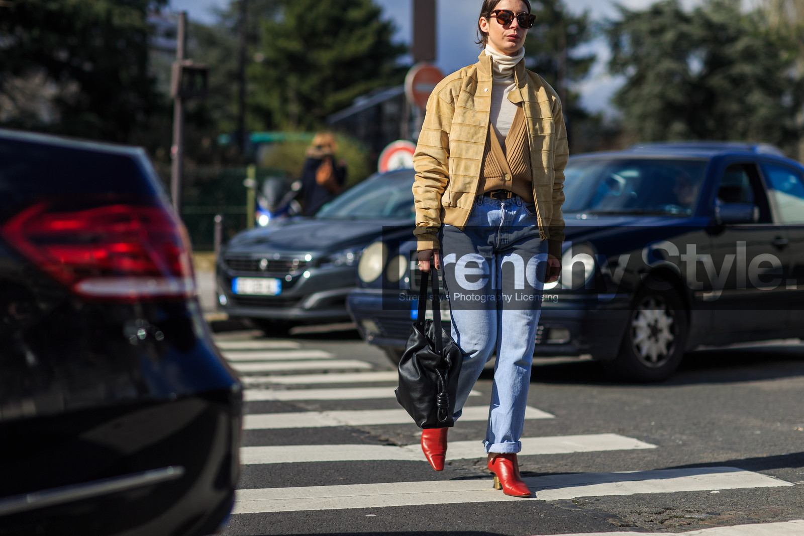 atmosphere details, AUTUMN WINTER 2016-2017, AW 16-17, beige cardigan, beige jacket, beige turtleneck, black bag, blue denim, bomber jacket, denim pants, detail, FALL WINTER 2016-2017, fashion week, frenchystyle, FW, FW 16-17, high heels, horizontal, irina lakicevic, jeans, jonathan paciullo, leather bag, leather boots, loewe, PARIS, PFW, red boots, red shoes, street style, suede jacket, sunglasses, trousers