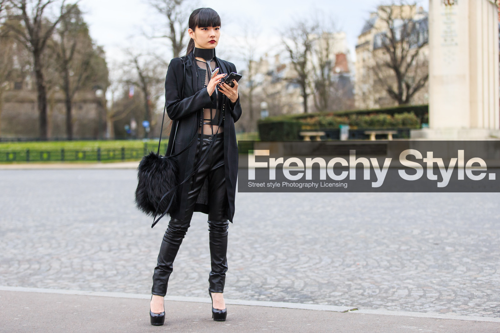 atmosphere details, AUTUMN WINTER 2016-2017, AW 16-17, black bag, black jacket, black pants, black shoes, black top, blazer, choker, eyeliner, FALL WINTER 2016-2017, fashion week, frenchystyle, full length, fur bag, FW, FW 16-17, harness, high heels, horizontal, jonathan paciullo, kozue akimoto, lace top, leather pants, leather shoes, necklace, PARIS, PFW, ponytail, red lips, see through, street style, transparent, trousers
