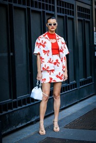 printed shirt, bow shirt, printed skirt, bow skirt, red and white set, red top, heart cut out top, beige sandals, white handbag, chained handbag, white sunglasses, red lops, chloe lecareux, fashion week, frenchystyle, FW, jonathan paciullo, street style, vertical, full length