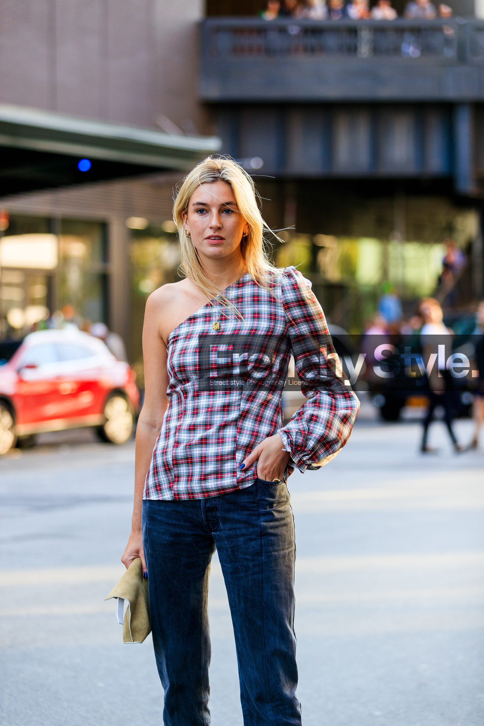 atmosphere details, beige bag, black denim, camille charriere, checked top, denim pants, detail, fashion week, frenchystyle, FW, graphic top, jeans, jonathan paciullo, leather bag, NEW YORK, NYFW, plaid, printed top, SPRING SUMMER 2018, SS 18, street style, tartan, trousers, vertical