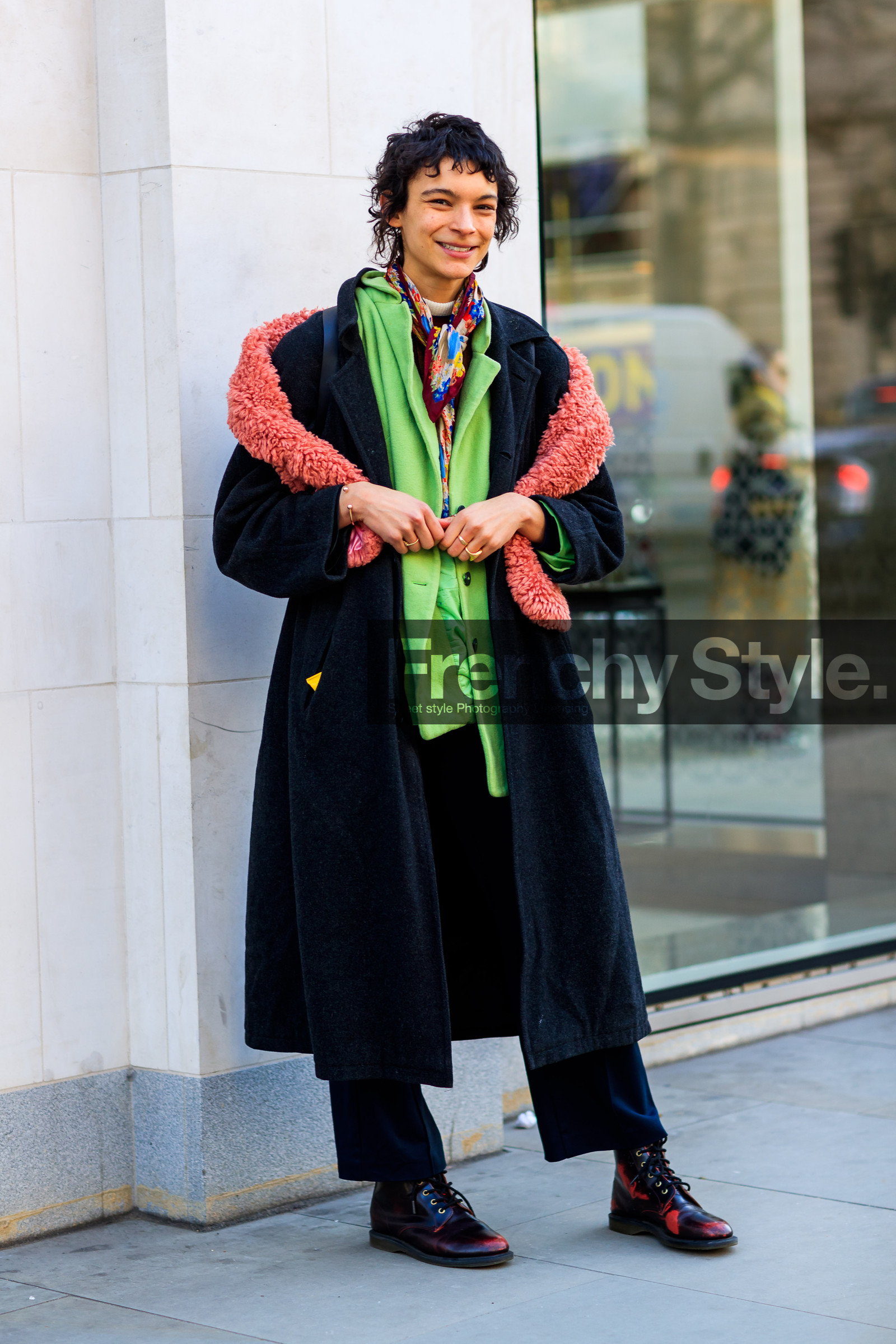 black coat, black pants, black shoes, fur scarf, green jacket, leather shoes, pink scarf, printed scarf, trousers, fashion week, frenchystyle, FW, jonathan paciullo, street style, LFW, LONDON, AUTUMN WINTER 2018-2019, AW 18-19, FALL WINTER 2018-2019, FW 18-19, vertical, full length, model
