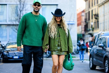 cowboy style, cowboy hat, black hat, blond curls, green jacket, denim jacket, mini skirt, green midi dress, printed skirt, animal print, snake skirt, miu miu handbag, pleated bag, nike trousers, track trousers, green pants, green jumper, knitted jumper, golden necklace, black sunglasses, squared glasses, prada shoes, street style, jonathan paciullo, FW, frenchystyle, fashion week, MFW, MILAN, FALL WINTER 2022_2023, AUTUMN WINTER 2022-2023, FW 22-23, horizontal, atmosphere details