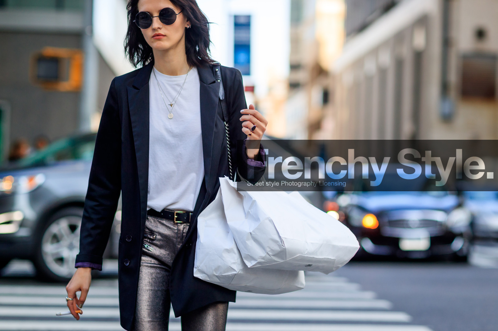 atmosphere details, black jacket, blazer, detail, fashion week, frenchystyle, FW, horizontal, jonathan paciullo, leather bag, model, NEW YORK, NYFW, silver pants, SPRING SUMMER 2018, SS 18, street style, sunglasses, trousers, white t shirt
