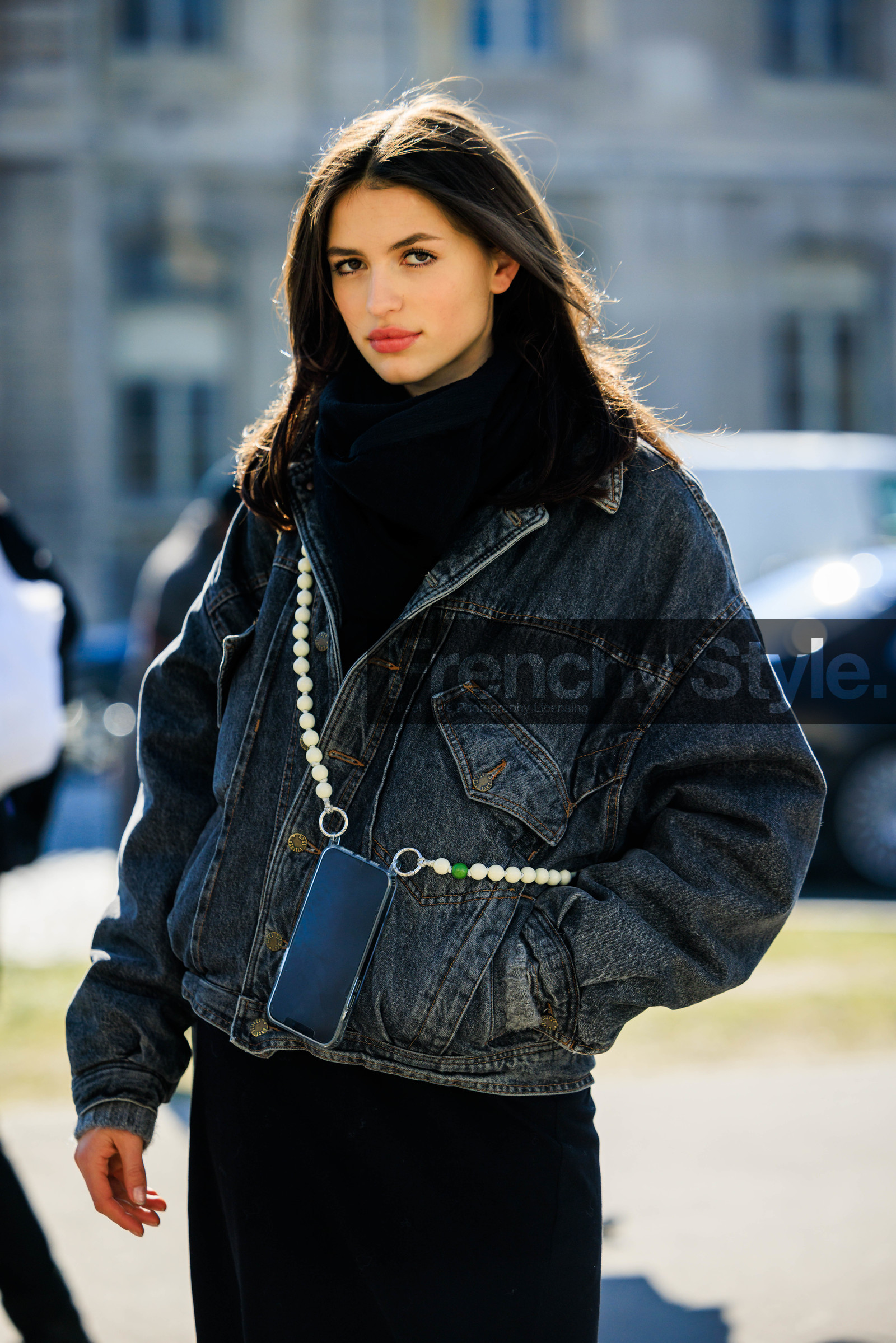 denim jacket, grey jacket, black dress, midi dress, make up, chanel, model, phone accesorie, pearls, FW 22-23, FALL WINTER 2022_2023, AUTUMN WINTER 2022-2023, fashion week, frenchystyle, FW, jonathan paciullo, street style, PFW, PARIS, vertical, detail