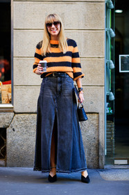 AUTUMN WINTER 2017-2018, AW 17-18, black bag, black denim, black shoes, denim skirt, FALL WINTER 2017-2018, fashion week, frenchystyle, full length, FW, FW 17-18, geometric, graphic sweater, jonathan paciullo, leather bag, leather shoes, lisa aiken, long skirt, MFW, MILAN, mini bag, printed sweater, street style, striped sweater, stripes, sunglasses, vertical