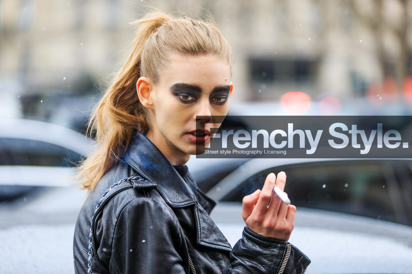 atmosphere details, AUTUMN WINTER 2016-2017, AW 16-17, black jacket, black perfecto, detail, eyebrow, eyeshadow, FALL WINTER 2016-2017, fashion week, frenchystyle, FW, FW 16-17, horizontal, jonathan paciullo, leather jacket, leather perfecto, model, ondria hardin, PARIS, PFW, ponytail, portrait, red lips, street style