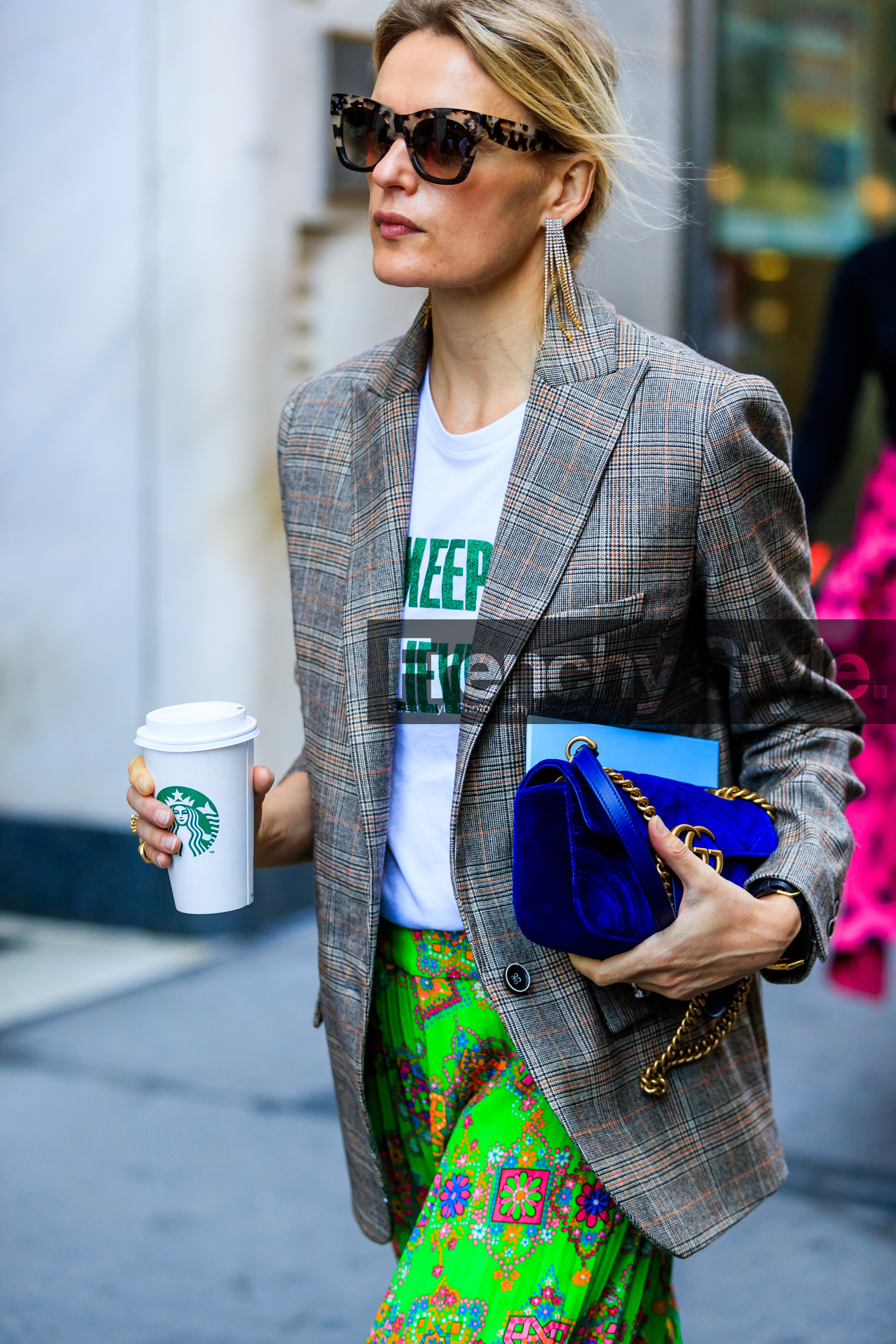 atmosphere details, blazer, blue bag, brown jacket, checked jacket, detail, earrings, fashion week, floral, flowers, frenchystyle, FW, green skirt, gucci, jonathan paciullo, leather bag, NEW YORK, NYFW, plaid, pleated skirt, printed skirt, SPRING SUMMER 2018, SS 18, street style, sunglasses, trousers, velvet, vertical, white t shirt
