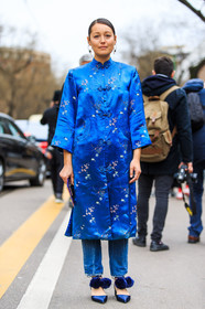 AUTUMN WINTER 2016-2017, AW 16-17, blue denim, blue fur, blue jacket, chinese print, denim pants, FALL WINTER 2016-2017, fashion week, frenchystyle, full length, FW, FW 16-17, jeans, jonathan paciullo, LFW, LONDON, MENSWEAR, pompons, rachael wang, street style, trousers, vertical