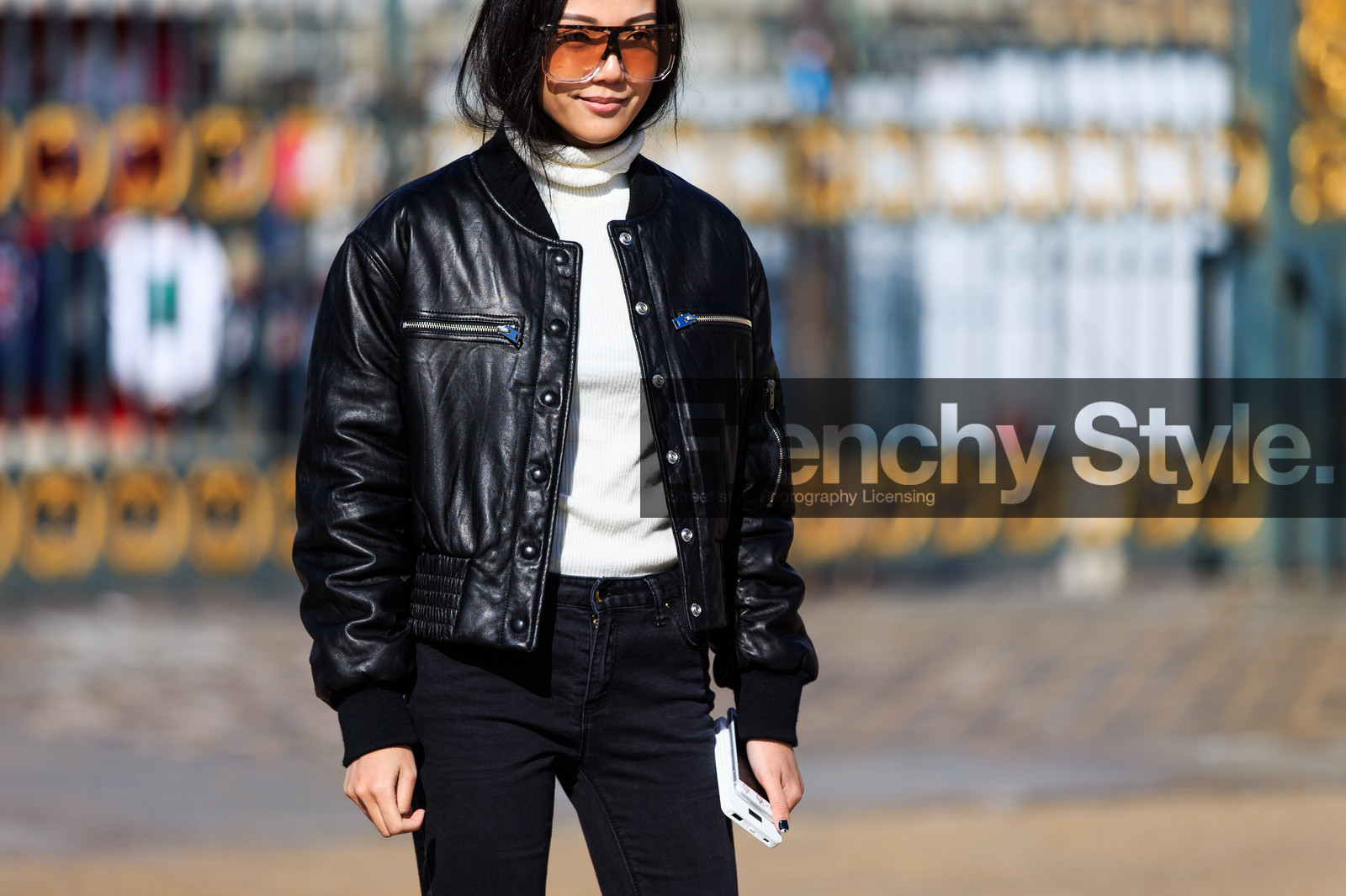 atmosphere details, AUTUMN WINTER 2016-2017, AW 16-17, black denim, black jacket, bomber jacket, denim pants, detail, FALL WINTER 2016-2017, fashion week, frenchystyle, FW, FW 16-17, horizontal, jeans, jonathan paciullo, PARIS, PFW, street style, sunglasses, trousers, turtleneck sweater, white sweater, yoyo cao