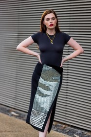 Charli Howard, bracelet, black, midi skirt, skirt, silver, necklace, tshirt, STRASS, fashion week, frenchystyle, FW, jonathan paciullo, street style, SPRING SUMMER 2022, SS 22, LFW, LONDON, vertical, atmosphere details, detail
