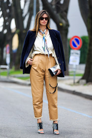 AUTUMN WINTER 2016-2017, AW 16-17, beige pants, blazer, camel pants, Clara Racz, FALL WINTER 2016-2017, fashion week, frenchystyle, full length, FW, FW 16-17, gingham, graphic shoes, high heels, jonathan paciullo, leather bag, leather pants, LFW, LONDON, MENSWEAR, navy jacket, over the shoulder, plaid, printed shoes, silver bag, street style, sunglasses, tied up scarf, trousers, vertical, white blouse