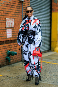 white pants, white jacket, white parka, jogging pants, sportswear, zipped jacket, printed jacket, printed pants, painted jacket, painted pants, red jacket, red pants, black pants, black jacket, black leather belt, laced belt, polish belt, corset belt, sharp end boots, sheer boots, high heels boots, red leather bag, balenciaga bag, belted jacket, silvered earrings, dangling earrings, fashion week, frenchystyle, FW, jonathan paciullo, street style, NYFW, NEW YORK, AUTUMN WINTER 2020-2021, FALL WINTER 2020-2021, FW 20-21, vertical, full length