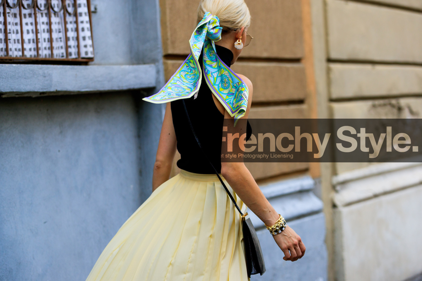 black bag, black top, blue scarf, caro daur, earrings, headscarf, leather bag, pleated skirt, sunglasses, yellow skirt, fashion week, frenchystyle, FW, jonathan paciullo, street style, MFW, MILAN, SPRING SUMMER 2019, SS 19, atmosphere details, horizontal, detail