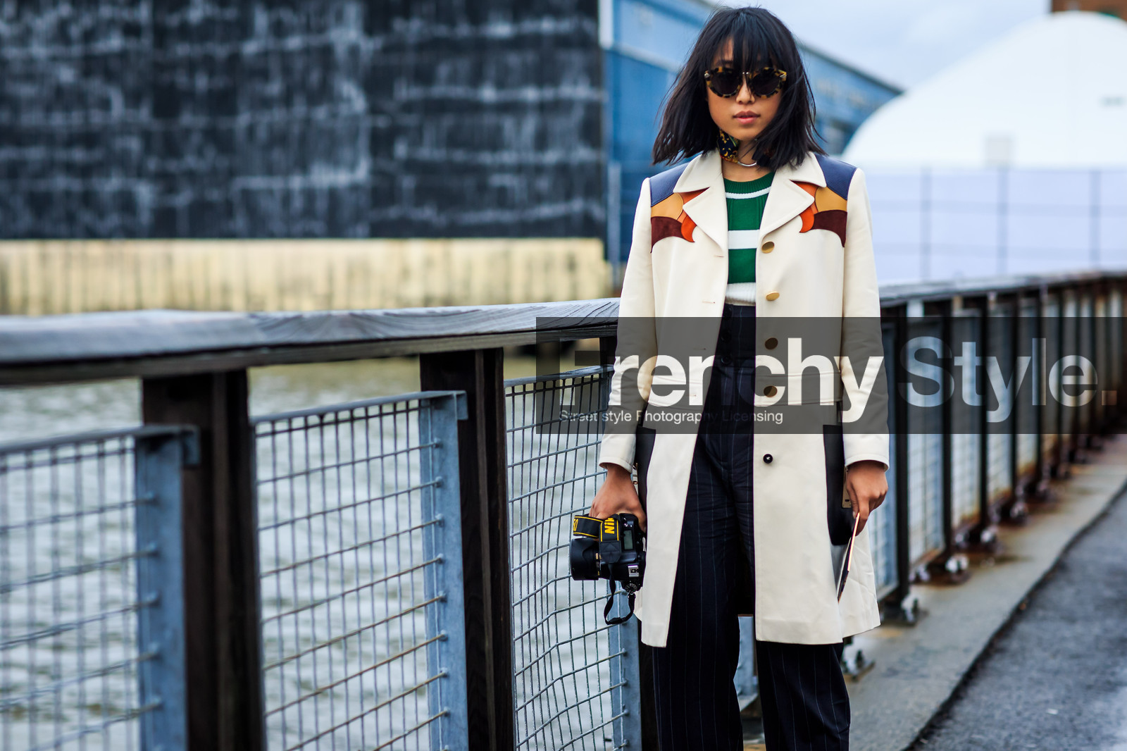 atmosphere details, AUTUMN WINTER 2016-2017, AW 16-17, beige coat, black mules, camera, chocker, detail, embroidered coat, fashion week, frenchystyle, FW, FW 16-17, golden heel, high heels, high waist, horizontal, jonathan paciullo, leather coat, leather shoes, margaret, navy pants, NEW YORK, NYFW, street style, striped pants, sunglasses, trousers, woman, zhang