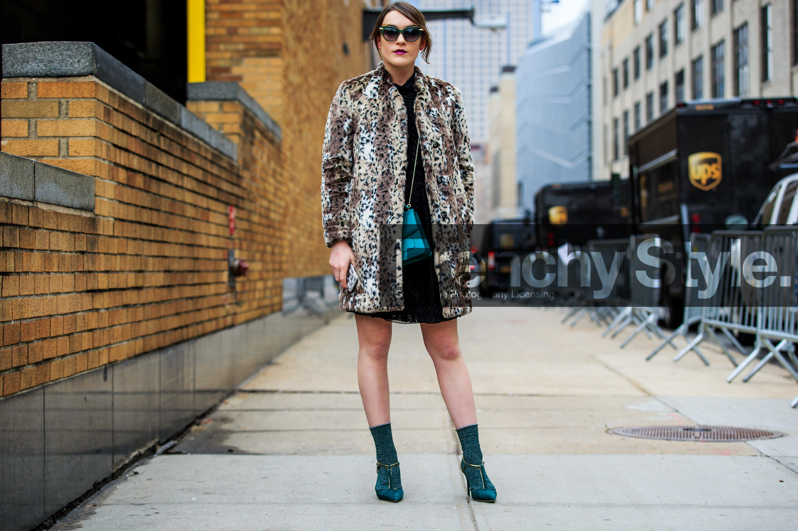 animal print, atmosphere details, AUTUMN WINTER 2016-2017, AW 16-17, black dress, blue bag, ella catliff, fashion week, frenchystyle, full length, fur coat, FW, FW 16-17, green heels, green shoes, green socks, horizontal, jonathan paciullo, lace dress, leather bag, leopard print, NEW YORK, NYFW, shiny socks, street style, suede shoes, sunglasses, woman