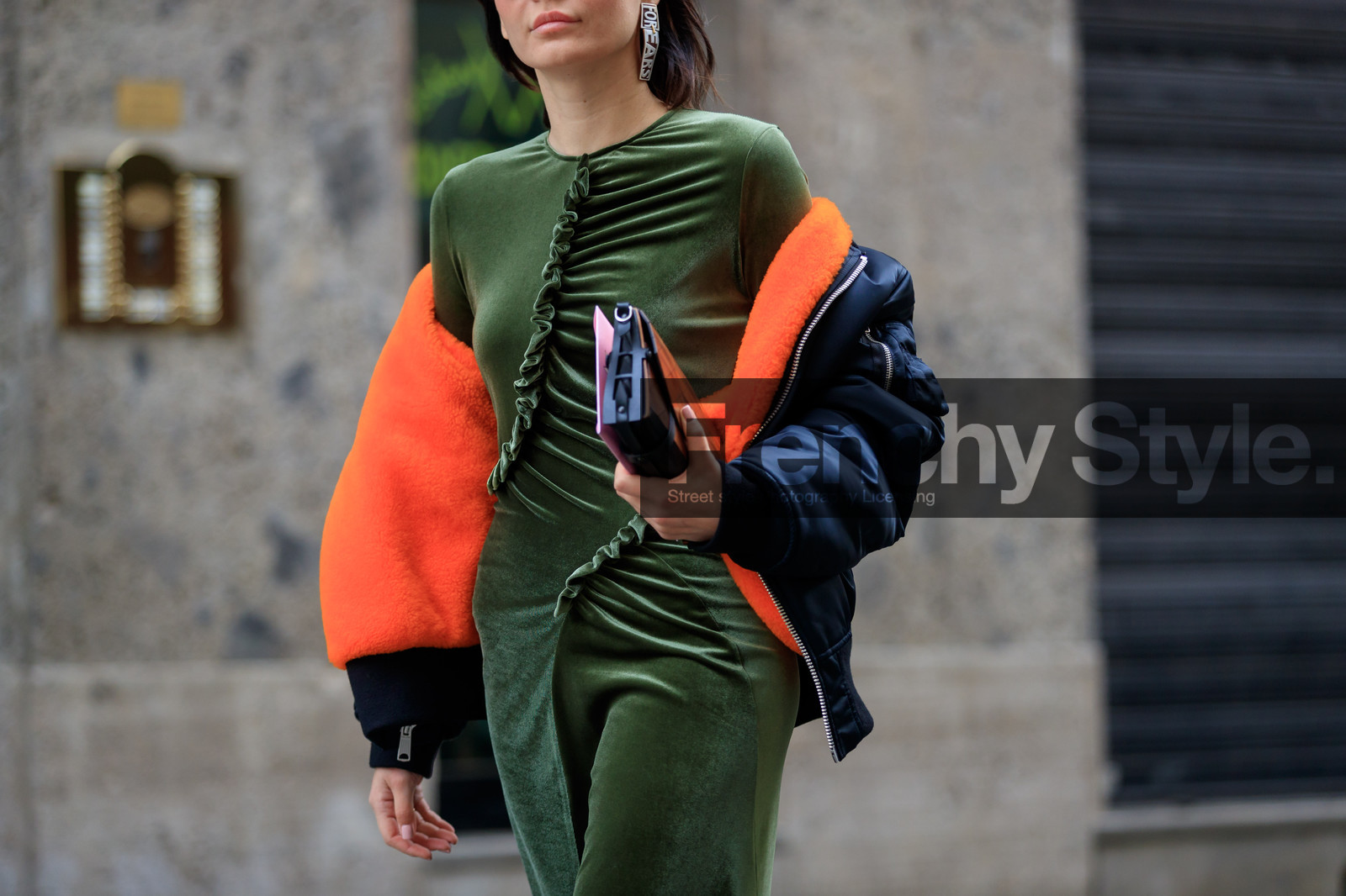 black bag, black jacket, bomber jacket, earrings, green dress, leather bag, off the shoulder, fashion week, frenchystyle, FW, jonathan paciullo, street style, MFW, MILAN, AUTUMN WINTER 2018-2019, FALL WINTER 2018-2019, FW 18-19, horizontal, atmosphere details