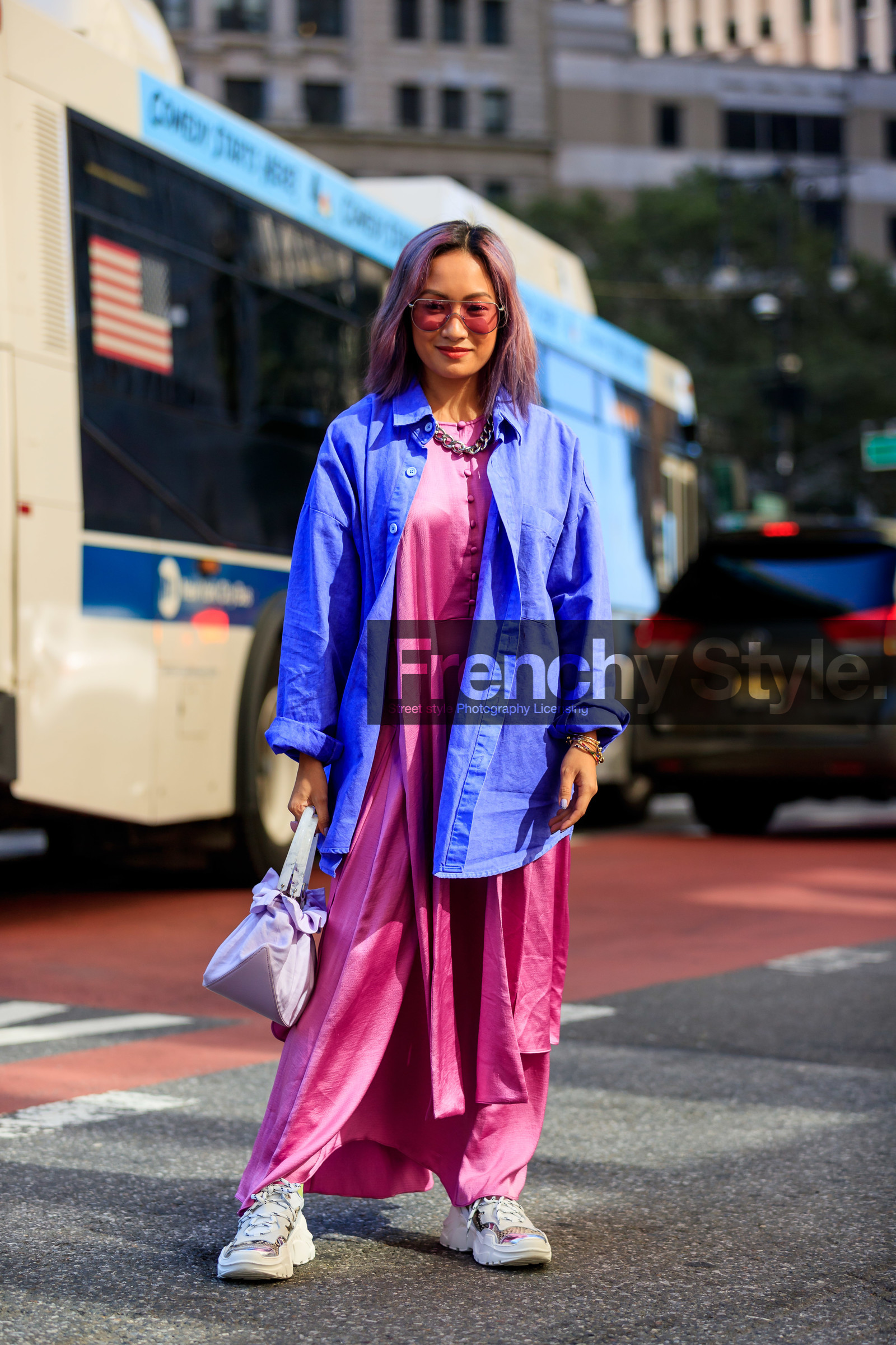 blue shirt, dyed hair, leather bag, leather shoes, necklace, pink bag, pink dress, purple hair, sunglasses, white shoes, white sneakers, fashion week, frenchystyle, FW, jonathan paciullo, street style, NEW YORK, NYFW, SPRING SUMMER 2020, SS 20, vertical, full length