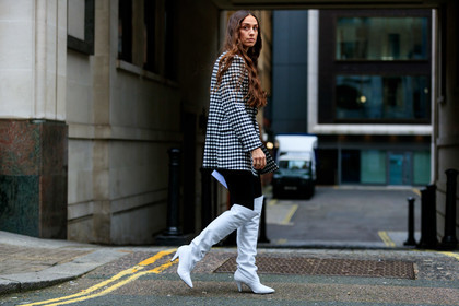 balenciaga, black and white, blazer, checked, erika boldrin, gingham, graphic jacket, high boots, high heels, leather shoes, plaid, printed jacket, white boots, street style, jonathan paciullo, FW, frenchystyle, fashion week, LFW, LONDON, AUTUMN WINTER 2019-2020, AW 19-20, FW 19-20, FALL WINTER 2019-2020, horizontal, atmosphere details, full length