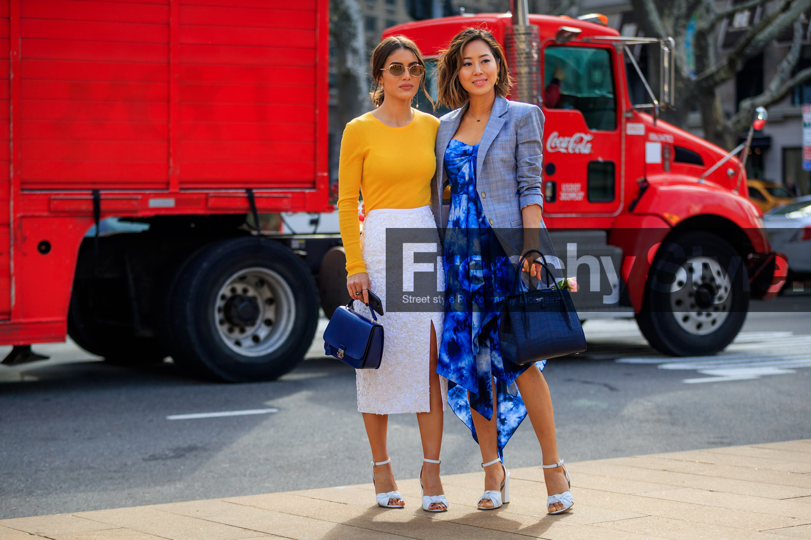 black bag, blazer, blue bag, blue dress, checked, graphic jacket, grey jacket, high heels, lace skirt, leather bag, leather shoes, plaid, printed jacket, sunglasses, white shoes, white skirt, yellow sweater, street style, jonathan paciullo, FW, frenchystyle, fashion week, NYFW, NEW YORK, AUTUMN WINTER 2018-2019, AW 18-19, FALL WINTER 2018-2019, FW 18-19, atmosphere details, horizontal, full length, aimee song, camila coelho