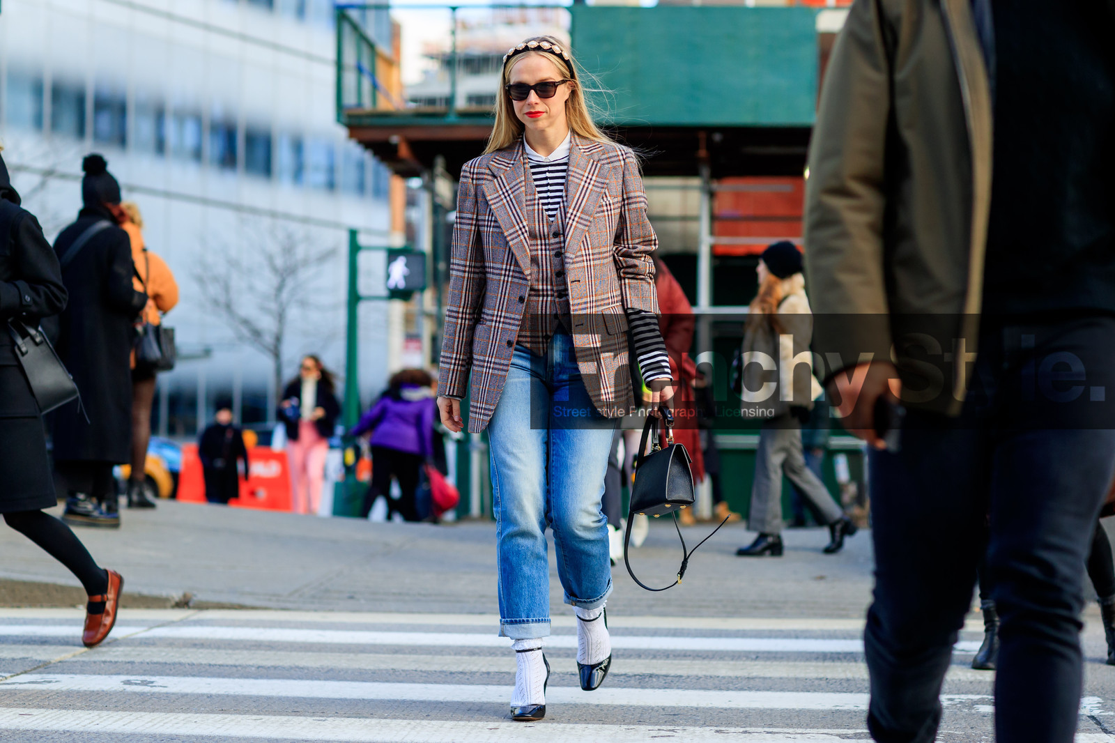 black bag, black shoes, blue denim, checked, checked jacket, denim pants, graphic jacket, high heels, jeans, leather bag, leather shoes, pink jacket, plaid, printed jacket, red lips, striped top, tartan, trousers, varnished leather shoes, vest, white socks, street style, jonathan paciullo, FW, frenchystyle, fashion week, NYFW, NEW YORK, AUTUMN WINTER 2018-2019, AW 18-19, FALL WINTER 2018-2019, FW 18-19, atmosphere details, horizontal, detail, chloe king