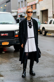 linda tol, black coat, black trench coat, black leather dress, black leather boots, black tights, black leather bag, black sunglasses, white dress, checked dress, striped dress, proenza schouler dress, flat boots, high boots, chelsea boots, oversize coat, fashion week, frenchystyle, FW, jonathan paciullo, street style, NYFW, NEW YORK, AUTUMN WINTER 2020-2021, FALL WINTER 2020-2021, FW 20-21, vertical, full length