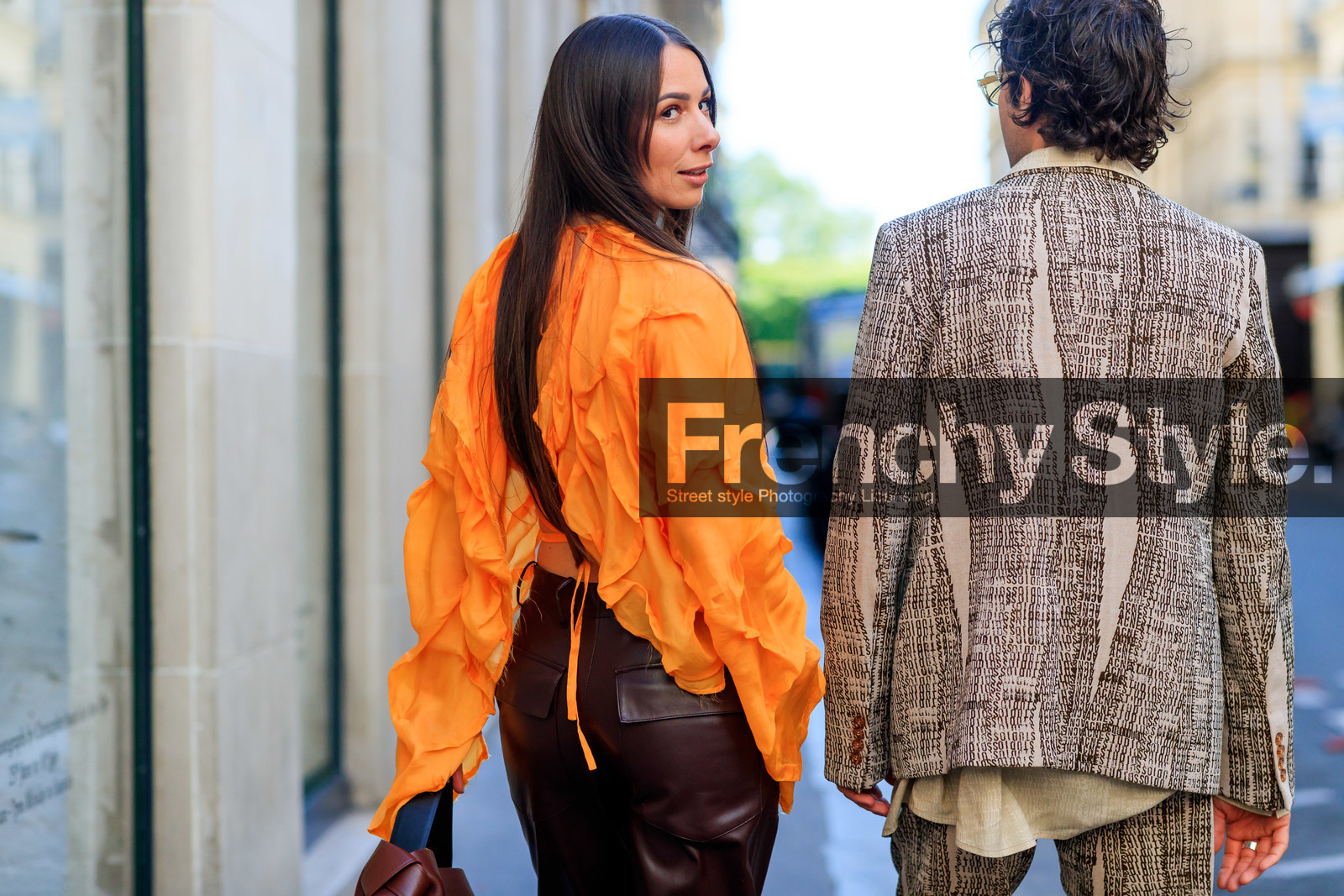 orange blouse, drape blouse, cropped blouse, silk blouse, burgundy leather pants, acne studios look, acne studios pants, acne studios blouse, acne studios jacket, monogrammed jacket, back details, beige jacket, printed jacket, logo all over, logo printed jacket, alice & j.s, alice barbier, JS roques, fashion week, frenchystyle, FW, jonathan paciullo, street style, PFW, PARIS, SPRING SUMMER 2022, SS 22, horizontal, atmosphere details, detail
