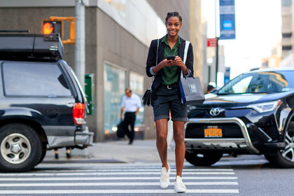 atmosphere details, black bag, black jacket, black shorts, blazer, fashion week, frenchystyle, full length, FW, green shirt, horizontal, jonathan paciullo, karly loyce, leather bag, model, NEW YORK, NYFW, SPRING SUMMER 2018, SS 18, street style
