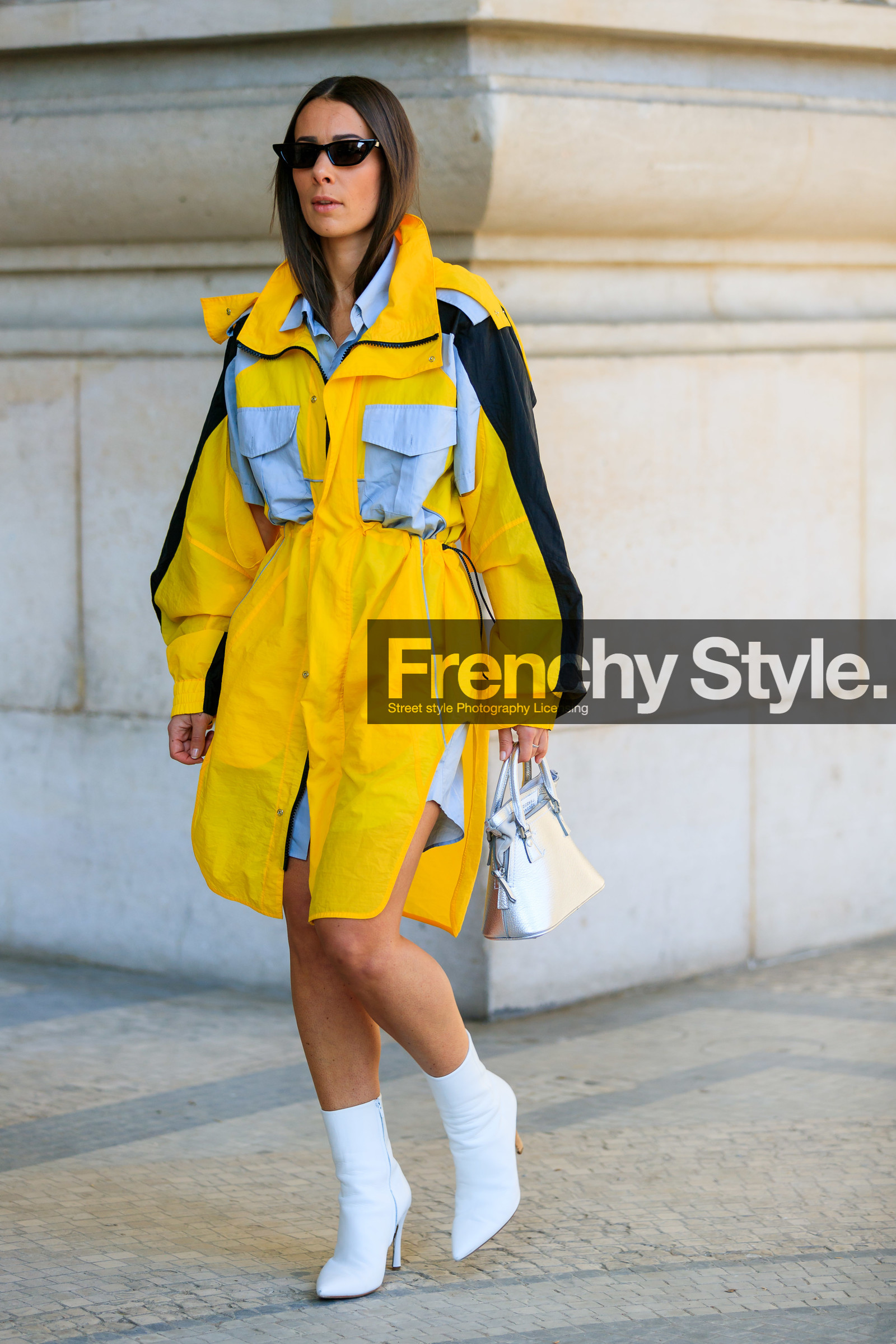 alice & j.s, graphic jacket, high heels, leather bag, leather shoes, maison martin margiela, parka, printed jacket, sunglasses, white bag, white shoes, yellow coat, PARIS, PFW, street style, jonathan paciullo, FW, frenchystyle, fashion week, AUTUMN WINTER 2019-2020, AW 19-20, FALL WINTER 2019-2020, FW 19-20, vertical, full length