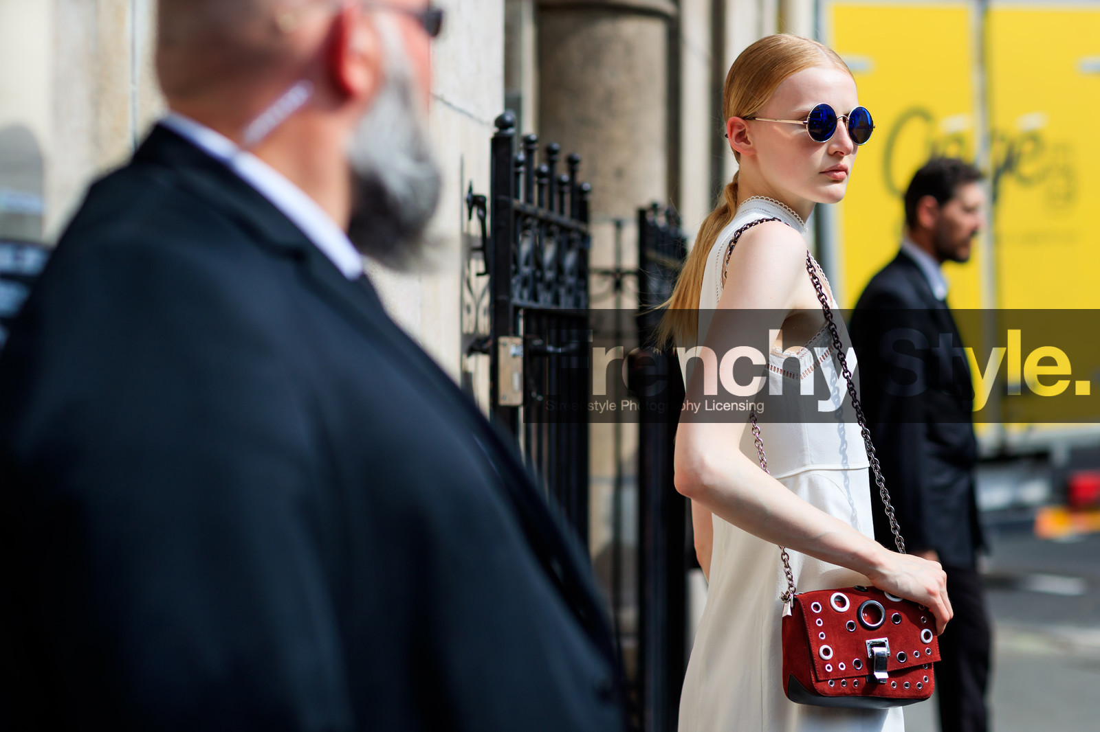 beige dress, graphic bag, leather bag, printed bag, red bag, studs, sunglasses, PFW, fashion week, frenchystyle, FW, jonathan paciullo, street style, PARIS, horizontal, atmosphere details, detail, model, AUTUMN WINTER 2018-2019, FALL WINTER 2018-2019, FW 18-19