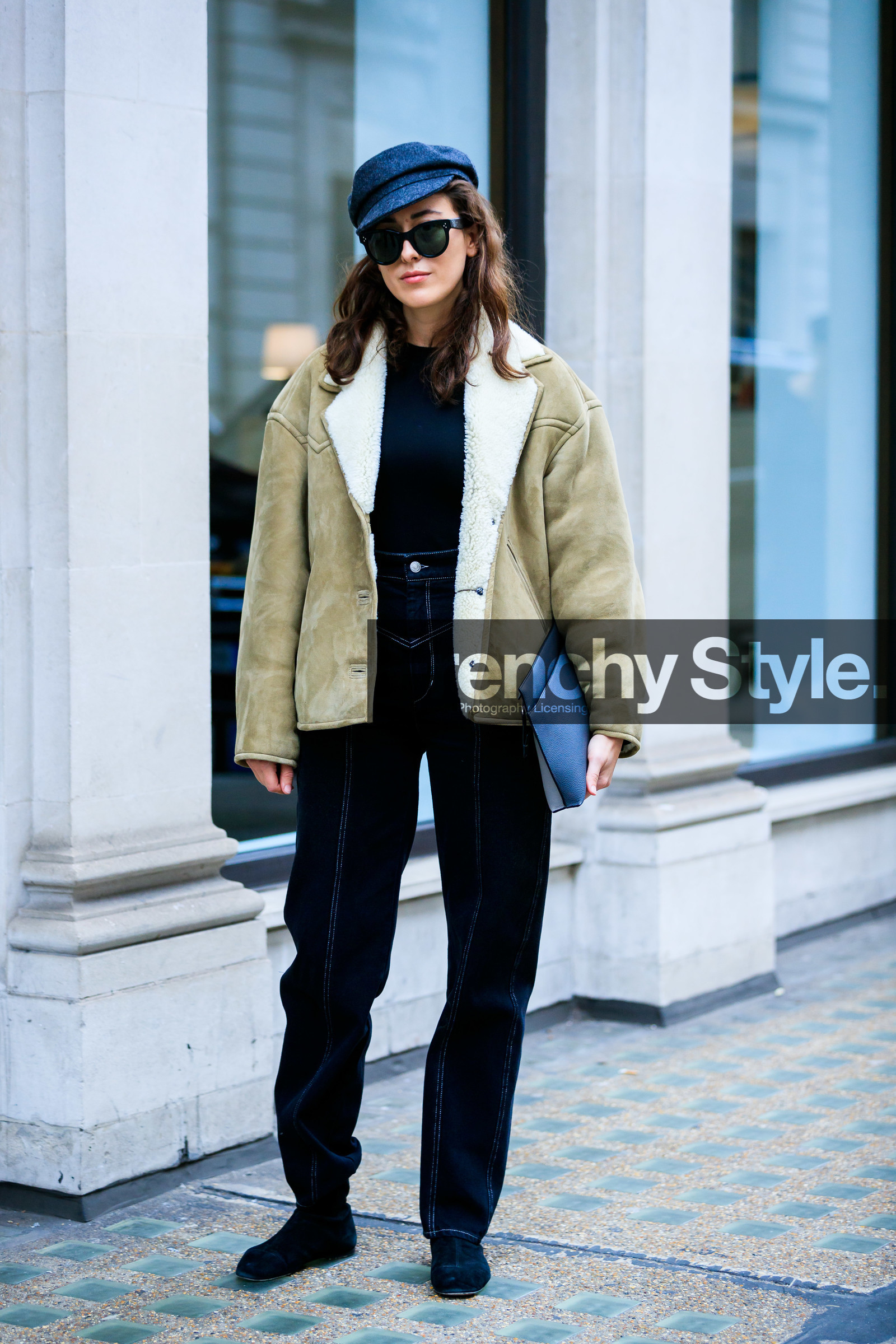 beige jacket, black hat, black shoes, black sweater, blue denim, denim pants, jeans, leather bag, leather shoes, shearling, sunglasses, sylvia haghjoo, trousers, street style, jonathan paciullo, FW, frenchystyle, fashion week, LFW, LONDON, AUTUMN WINTER 2019-2020, AW 19-20, FW 19-20, FALL WINTER 2019-2020, vertical, full length