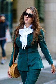atmosphere details, blazer, bow collar, detail, fashion week, frenchystyle, FW, green jacket, green pants, jonathan paciullo, NEW YORK, NYFW, SPRING SUMMER 2018, SS 18, straw bag, street style, sunglasses, trousers, vertical, white shirt