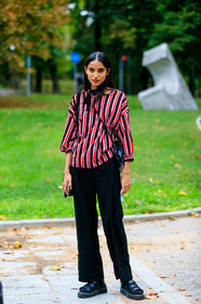 red blouse, striped blouse, black blouse, black pants, black socks, black leather sandals, flat sandals, big sole sandals, street style, jonathan paciullo, FW, frenchystyle, fashion week, MFW, MILAN, SPRING SUMMER 2021, SS 21, vertical, full length, model