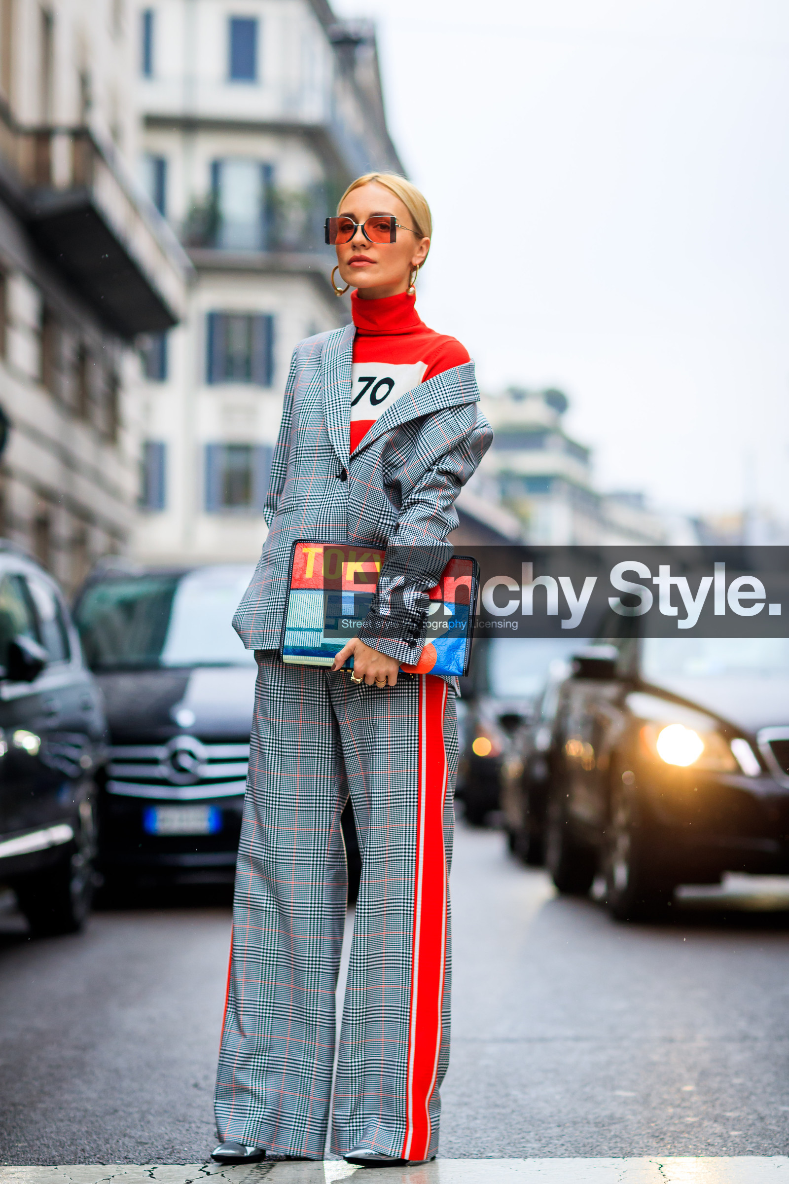 checked, graphic bag, graphic jacket, graphic pants, grey jacket, grey pants, grey suit, leather bag, multicolor bag, plaid, printed bag, printed jacket, printed pants, printed sweater, red sweater, sunglasses, trousers, fashion week, frenchystyle, FW, jonathan paciullo, street style, MFW, MILAN, AUTUMN WINTER 2018-2019, FALL WINTER 2018-2019, FW 18-19, vertical, full length, viktoria rader