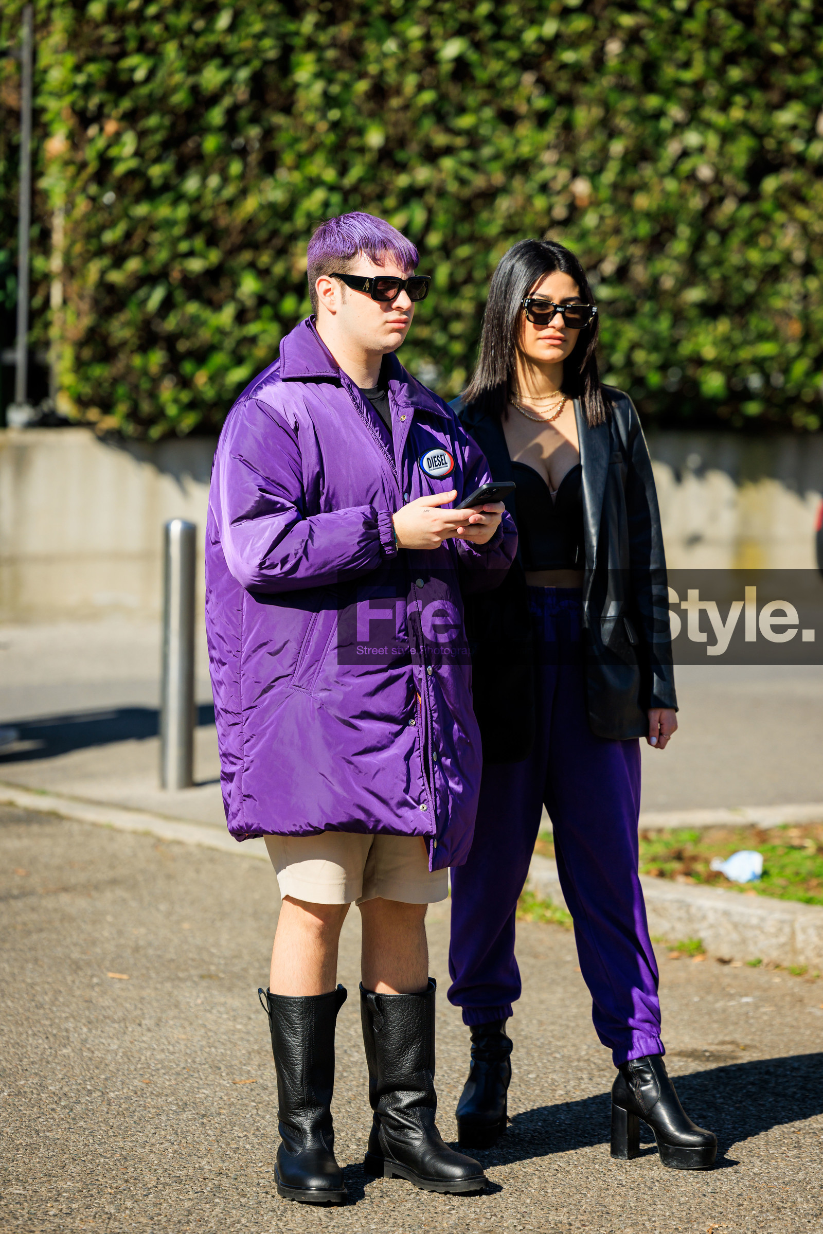 purple coat, puffed coat, oversized coat, purple hair, black sunglasses, black boots, leather boots, heeled boots, purple pants, leather blazer, black blazer, beige shorts, diesel coat, fashion week, frenchystyle, FW, jonathan paciullo, street style, MFW, MILAN, FALL WINTER 2022_2023, AUTUMN WINTER 2022-2023, FW 22-23, vertical, full length