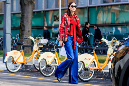atmosphere details, AUTUMN WINTER 2017-2018, AW 17-18, black shoes, blazer, blue denim, bruna tenorio, christian dior, denim pants, FALL WINTER 2017-2018, fashion week, floral, flower, frenchystyle, full length, FW, FW 17-18, horizontal, jeans, jonathan paciullo, leather shoes, MFW, MILAN, model, printed jacket, red jacket, red shirt, street style, sunglasses, trousers