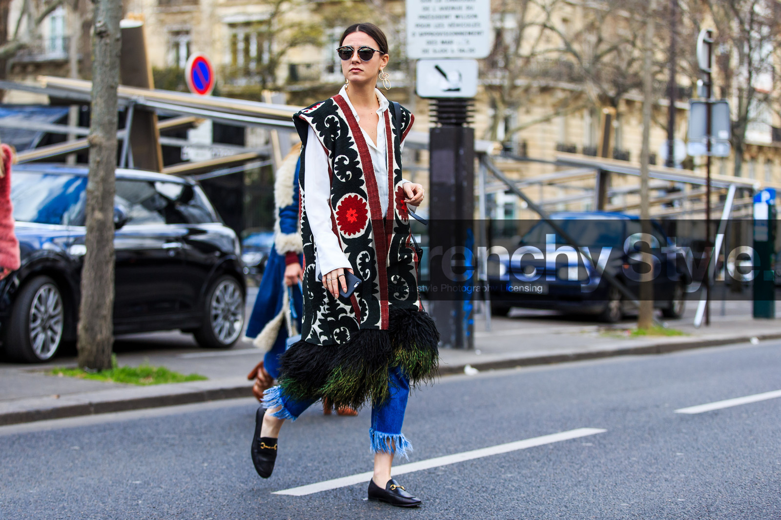 alina gelzina, atmosphere details, AUTUMN WINTER 2016-2017, AW 16-17, black loafers, blue denim, denim pants, embroidered jacket, FALL WINTER 2016-2017, fashion week, feathers, frenchystyle, full length, FW, FW 16-17, gucci, horizontal, jeans, jonathan paciullo, leather shoes, mocassins, PARIS, PFW, printed jacket, ripped pants, sleeveless, street style, sunglasses, trousers, white shirt, zina charkoplia
