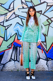 AUTUMN WINTER 2017-2018, AW 17-18, black and white shoes, blazer, blue jacket, blue pants, blue suit, camel bag, doina ciobanu, FALL WINTER 2017-2018, fashion week, frenchystyle, full length, FW, FW 17-18, high heels, jonathan paciullo, leather bag, leather shoes, loewe, MFW, MILAN, street style, trousers, turquoise, vertical, white shirt