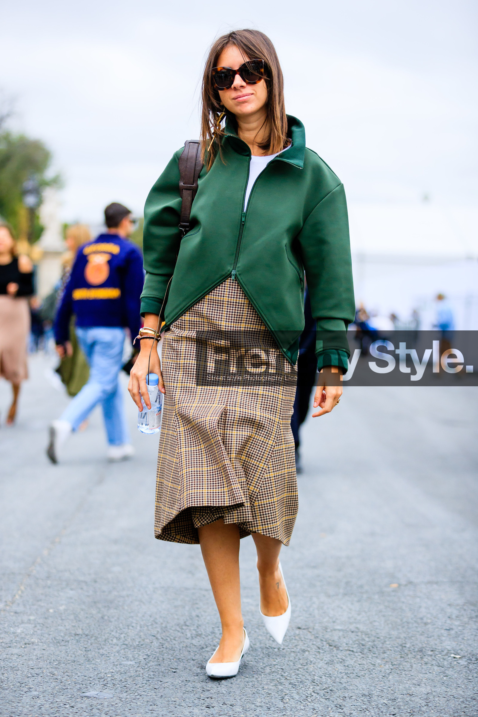 balenciaga, beige skirt, checked skirt, fashion week, frenchystyle, full length, FW, graphic jacket, green jacket, jonathan paciullo, leather shoes, natasha goldenberg, PARIS, PFW, plaid, printed skirt, SPRING SUMMER 2017, SS 17, street style, sunglasses, tartan, vertical, white shoes