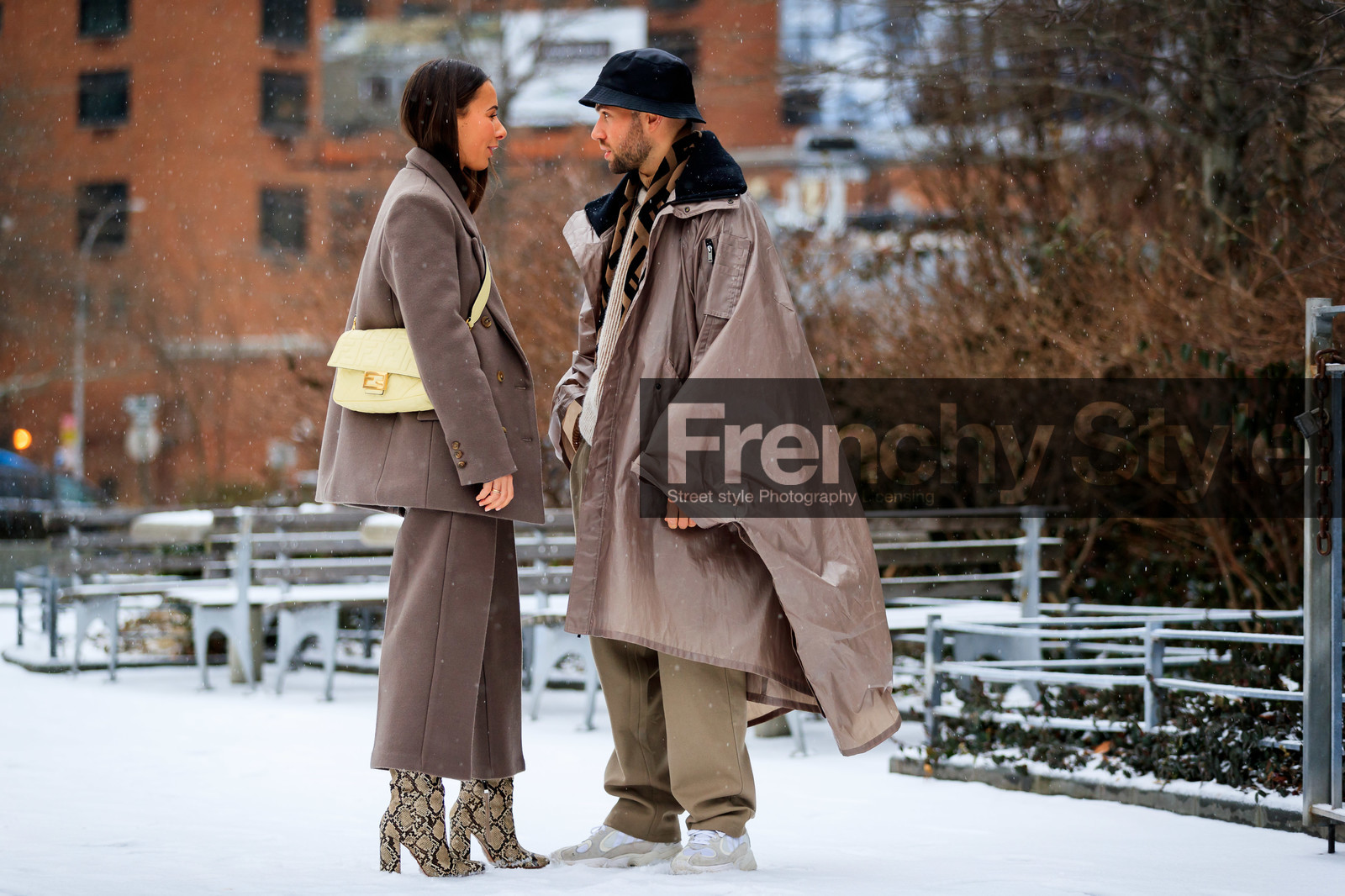 alice & j.s, animal print, beige boots, beige coat, beige pants, beige sweater, black hat, blazer, brown jacket, brown pan, brown pants, brown scarf, brown suit, bucket hat, fendi, high heels, leather shoes, monogram, printed scarf, snake print, trousers, white sneakers, yellow sweater, street style, jonathan paciullo, frenchystyle, NYFW, NEW YORK, AUTUMN WINTER 2019-2020, AW 19-20, FALL WINTER 2019-2020, FW 19-20, FW, fashion week, atmosphere details, horizontal, full length
