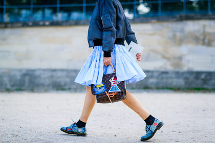 atmosphere details, black socks, blue dress, blue jacket, blue shoes, bomber jacket, brown bag, detail, dr martens, fashion week, frenchystyle, FW, horizontal, jonathan paciullo, leather bag, leather shoes, louis vuitton, monogram, PARIS, PFW, printed bag, printed shoes, sarah lerfel, SPRING SUMMER 2017, SS 17, street style