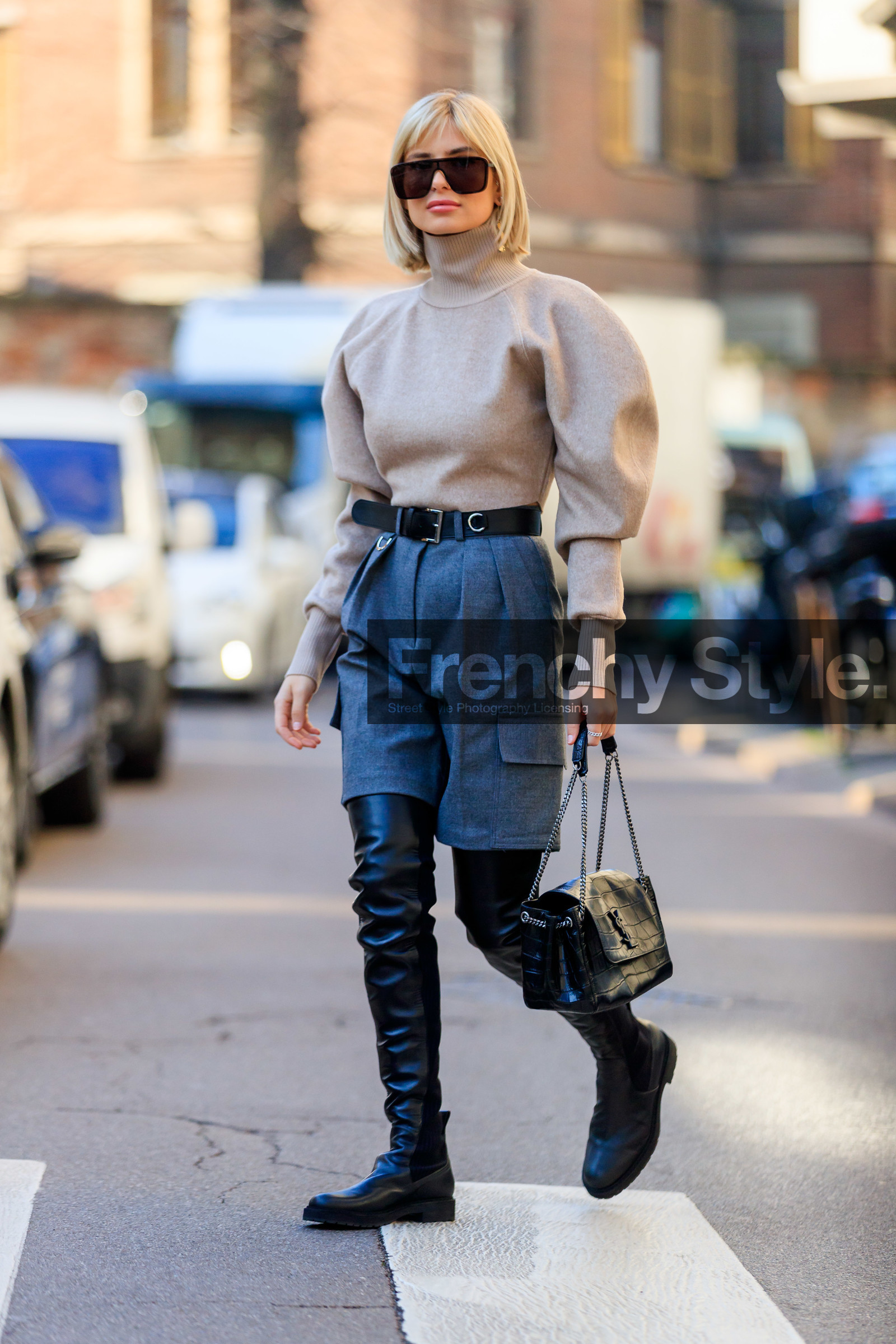 xenia adonts, black leather belt, black leather boots, black leather bag, black sunglasses, big sunglasses, beige pullover, balloon sleeves, turtleneck pullover, grey bermuda shorts, high boots, flat boots, animal skin bag, silvered starp bag, saint laurent bag, fashion week, frenchystyle, FW, jonathan paciullo, street style, MFW, MILAN, AUTUMN WINTER 2020-2021, FALL WINTER 2020-2021, FW 20-21, vertical, full length