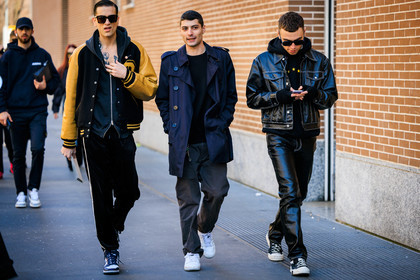red pattent pants, black hoodie, black sunglasses, baseball jacket, dual toned jacket, buttoned trench coat, black pants, grey trousers, black jumper, keys, earrings, fashion week, frenchystyle, FW, jonathan paciullo, street style, MFW, MILAN, FALL WINTER 2022_2023, AUTUMN WINTER 2022-2023, FW 22-23, horizontal, atmosphere details, full length