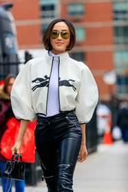 aviator sunglasses, white leather jacket, white leather bombers, white bombers, black leather jacket, black leather pants, black polish bag, hand bag, mini bag, white top, turtleneck top, longchamps jacket, longchamps bag, fashion week, frenchystyle, FW, jonathan paciullo, street style, AUTUMN WINTER 2020-2021, FALL WINTER 2020-2021, FW 20-21, vertical, atmosphere details, detail, NYFW, NEW YORK