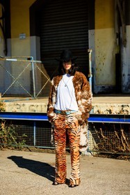 animal print pants, tiger pants, cowboy hat: white tshirt, furry coat, brown coat, printed pants, buckle belt, blue belt, necklaces, gilda ambrosio, fashion week, frenchystyle, FW, jonathan paciullo, street style, vertical, full length