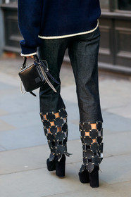 black bag, black shoes, blue denim, checked, cut out, denim pants, high heels, jeans, leather bag, leather shoes, plaid, trousers, street style, jonathan paciullo, FW, frenchystyle, fashion week, LFW, LONDON, AUTUMN WINTER 2019-2020, AW 19-20, FW 19-20, FALL WINTER 2019-2020, vertical, atmosphere details, detail